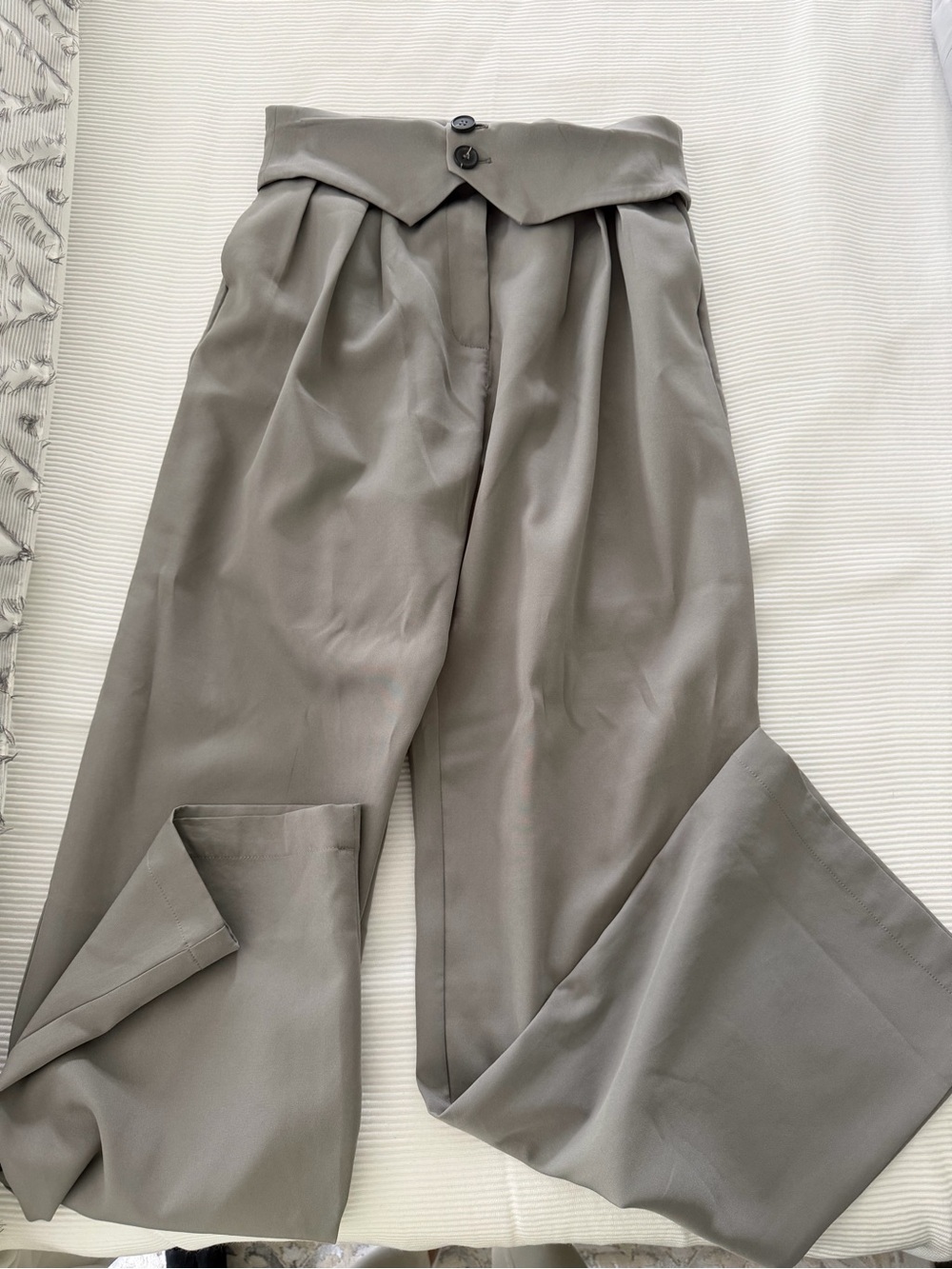 Gray wide leg, fold over waist, trousers with black buttons